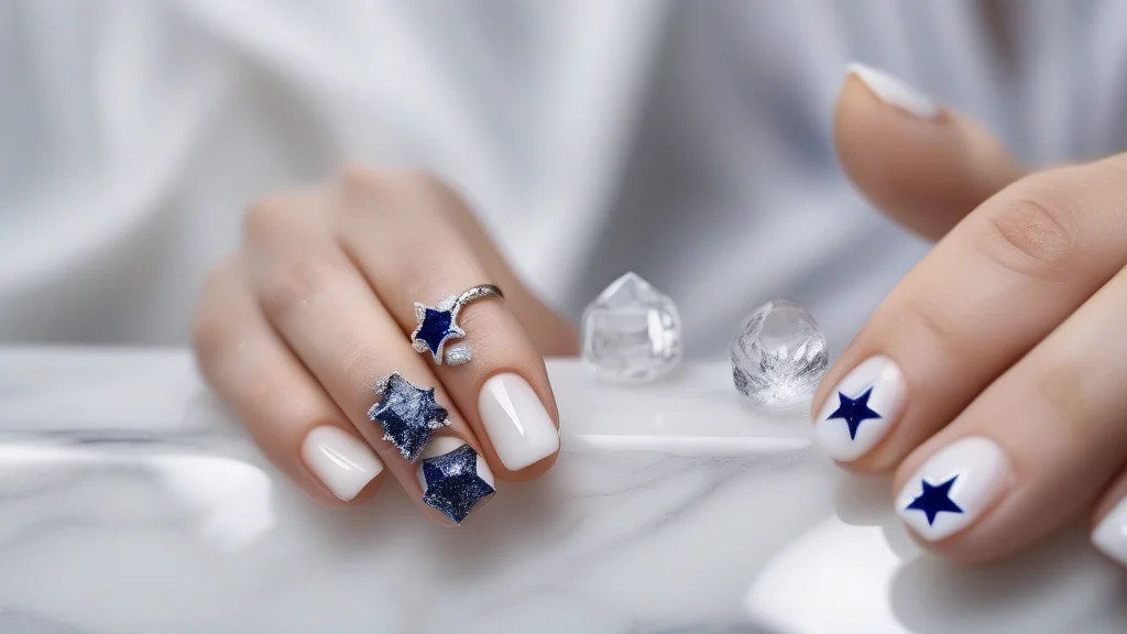 7 Subtle 4th of July Nails That Are Chic, Not Cheesy 1 A woman's hand with almond-shaped nails featuring a milky white base and a tiny navy star accent, resting on a white marble surface near a crystal glass.