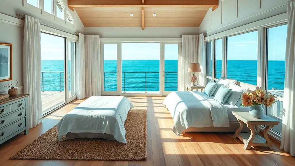 7 Dreamy Ways to Transform Your Bedroom into a Coastal Sanctuary 1 A luxurious bedroom overlooking the ocean with soft white linens and natural wood accents in a bright, airy setting.