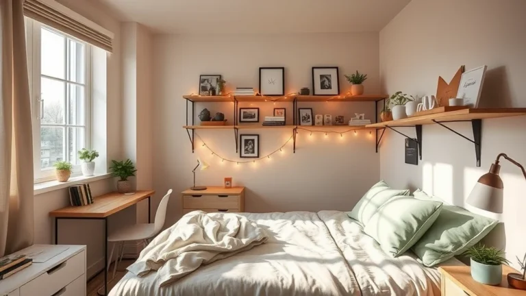 7 Viral Dorm Checklist Hacks to Transform Your Small Space Into a Sanctuary 3 A beautifully styled dorm room featuring neutral bedding, floating wall shelves, and warm ambient lighting, captured in a wide-angle, high-end interior design style.