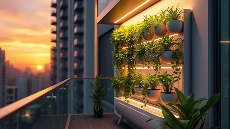 A luxury urban balcony garden featuring smart bio-adaptive lighting and a vibrant hydroponic wall planter at sunset.