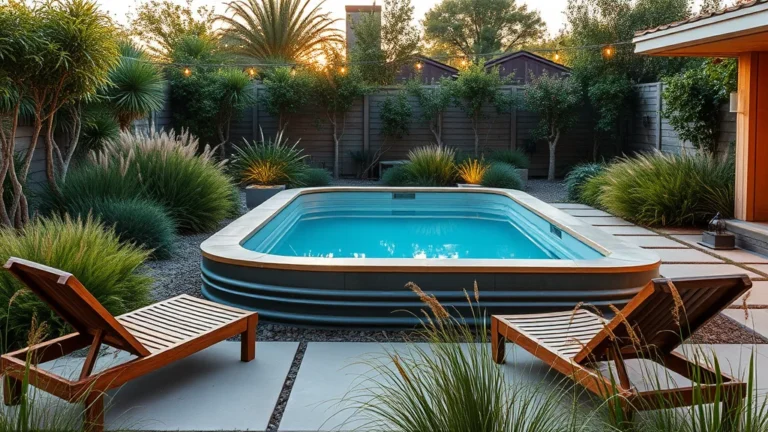 7 Viral Stock Tank Pool Ideas for a Luxe Backyard Oasis 2 A luxurious backyard setting featuring a circular galvanized metal stock tank pool nested into a wooden deck, surrounded by elegant landscaping and warm evening lighting.