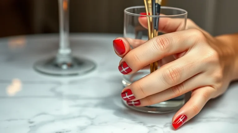 7 Viral Short Fourth of July Nails That Look Expensive 10 Close-up of a woman's manicured hands with short square nails painted in patriotic red, white, and blue stripes, resting elegantly on a marble surface.
