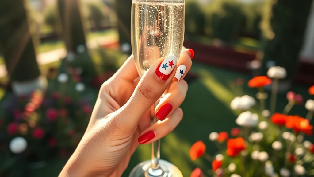 A close-up of a woman's hand with elegant, almond-shaped 4th nails featuring subtle star art, held against a blurred luxury outdoor backdrop.