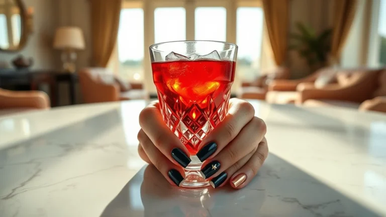 7 Chic Short 4th of July Nails Ideas to Elevate Your Holiday Look 8 A close-up shot of perfectly manicured short square nails in navy, white, and gold, held near a crystal cocktail glass on a marble surface in luxury lighting.