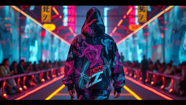 Model wearing advanced AI-generated printed tech-wear in a futuristic urban setting.