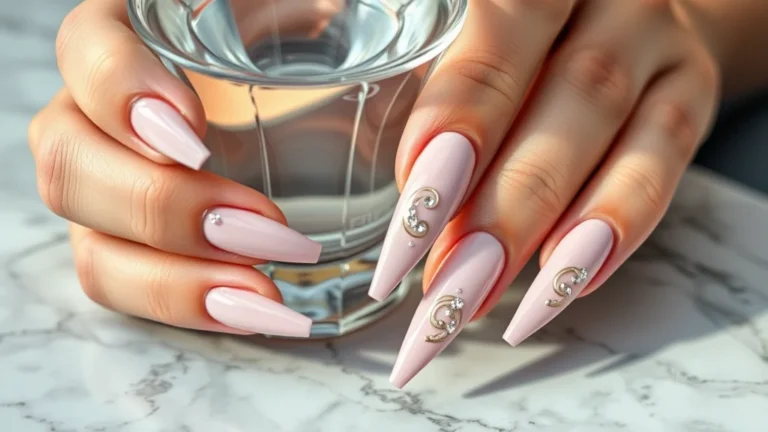A close-up shot of a woman's hand with long stiletto nails featuring chrome spring designs, resting on a white marble surface next to a glass of water.