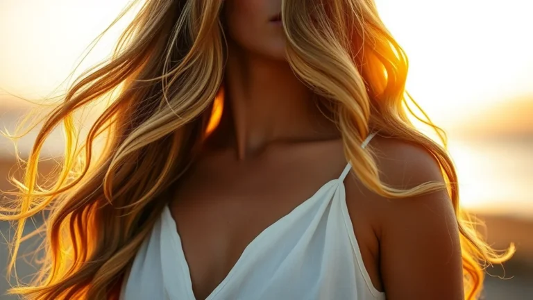 7 Fourth of July Hairstyles That Will Dominate Your Summer Feed 5 A close-up portrait of a woman with long wavy sun-kissed hair illuminated by soft golden hour light, highlighting the healthy texture and volume.