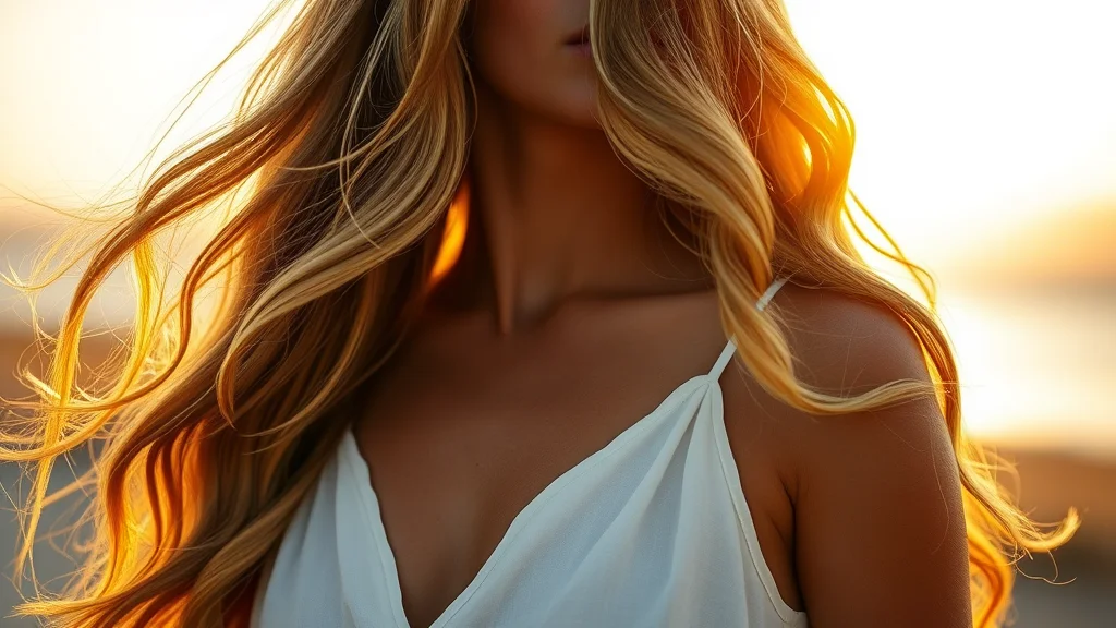 7 Fourth of July Hairstyles That Will Dominate Your Summer Feed 1 A close-up portrait of a woman with long wavy sun-kissed hair illuminated by soft golden hour light, highlighting the healthy texture and volume.