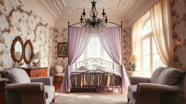 7 Magical Design Secrets to Create the Ultimate Whimsical Bedroom 1 A dreamy bedroom featuring a canopy bed with sheer fabrics, soft pastel color palettes, and delicate fairy lighting creating a magical, whimsical atmosphere.
