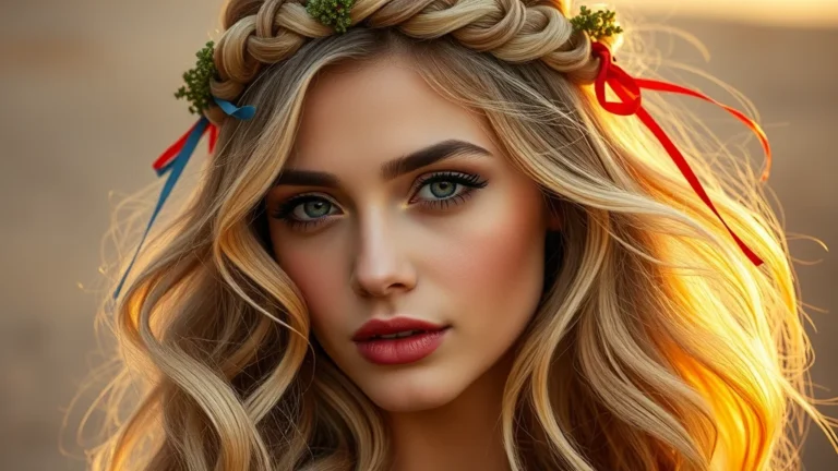 7 Viral 4th of July Hair Ideas That Will Own the Fireworks Show 4 A close-up editorial portrait of a woman with blonde wavy hair styled in a half-up braid adorned with subtle red and blue ribbons, captured in warm sunset lighting.