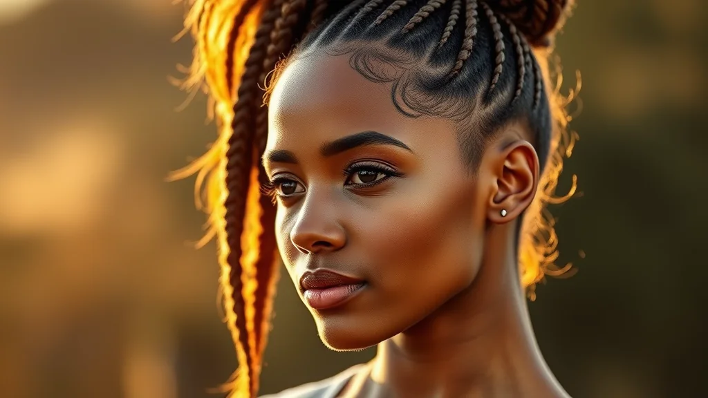 7 Effortless Summer Camp Hairstyles That Will Survive Any Adventure 1 A stunning portrait of a woman with a complex, neatly braided high ponytail glowing under soft sunset light.