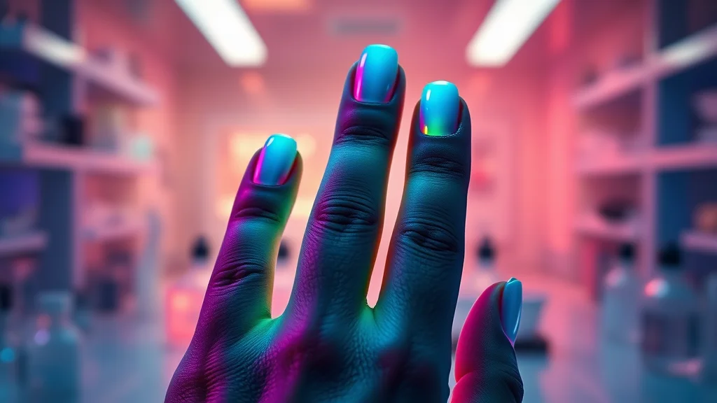 Bio-Adaptive Manicures: The Rise of pH-Responsive Gel Polishes in 2027 1 A close-up of a futuristic bio-adaptive manicure displaying iridescent, color-changing effects on a model's nails.