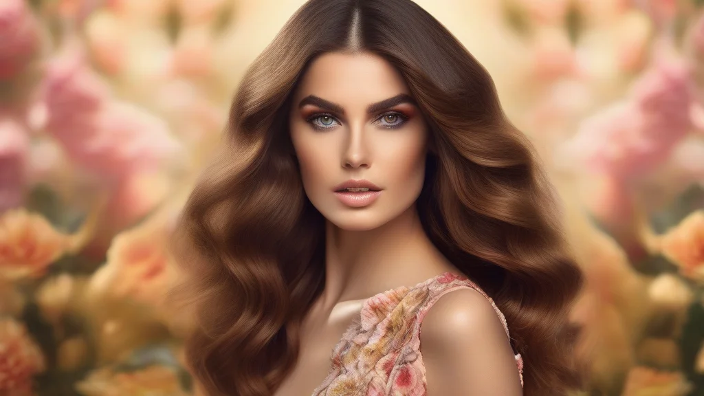 7 Vibrant Mexico Makeup Trends You Need To Try This Season 1 A close-up portrait of a woman with flowing dark, wavy hair and a radiant, vibrant makeup look featuring warm sunset tones.