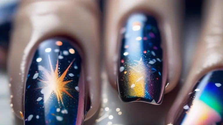 7 Explosive Firework Nails Designs That Are Taking Over Your Feed 5 A close-up shot of long almond-shaped nails with dark blue polish and shimmering holographic firework patterns, held against a marble background.