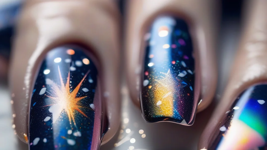 A close-up shot of long almond-shaped nails with dark blue polish and shimmering holographic firework patterns, held against a marble background.