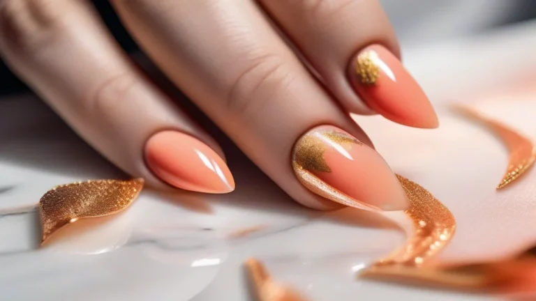 7 July Nails Ideas That Are Taking Over Your Feed This Summer 4 A close-up shot of a woman's hand with almond-shaped coral nails featuring gold leaf accents, held gracefully against a marble background.