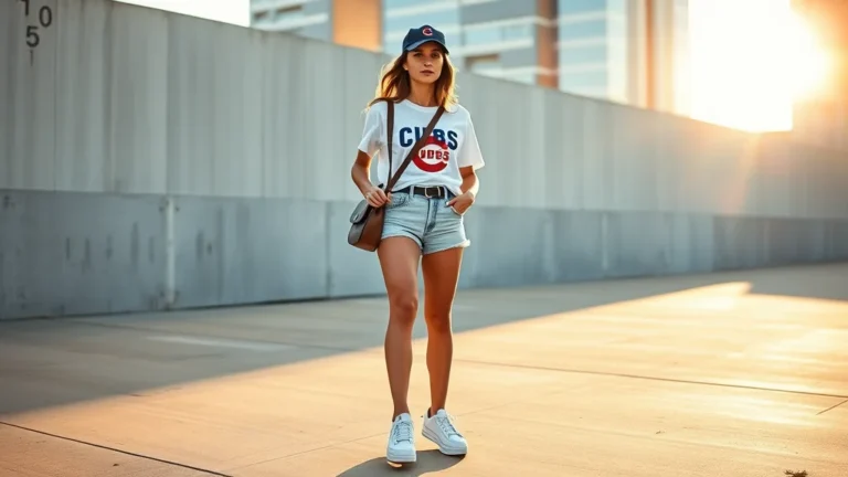 A fashionable woman stands in an urban setting wearing a vintage Chicago Cubs t-shirt and denim shorts, perfectly capturing the ideal game-day aesthetic.