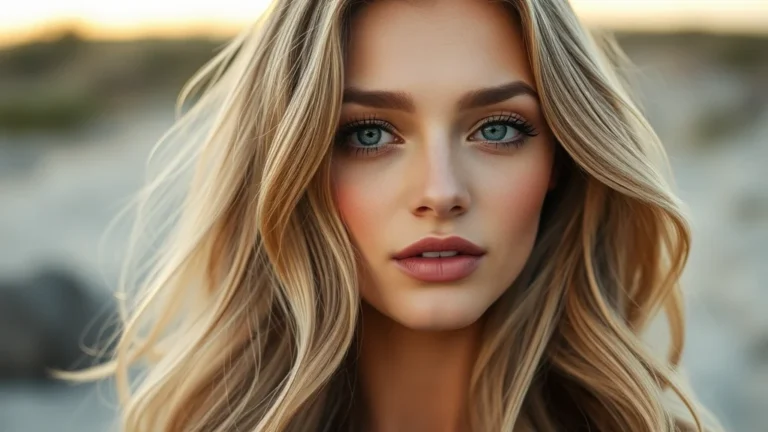 7 Fresh Spring Makeup Looks That Are Defining the Season 7 Close-up portrait of a woman with sun-kissed, honey-blonde wavy hair, glowing skin, and soft peach makeup, photographed in professional soft-focus lighting.