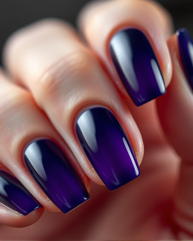 Close up of luxury manicured nails showing a color-shifting gradient effect transitioning between blue and violet hues.