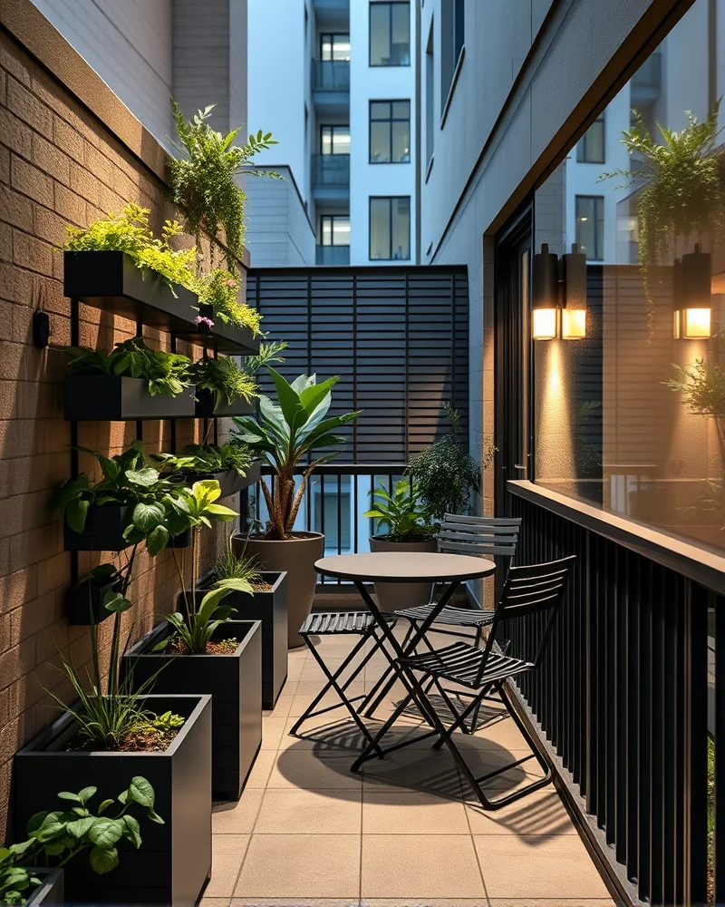 Biophilic Modular Balconies: Transforming Small Urban Spaces for 2027 6 A stylized, narrow urban balcony featuring modular vertical greenery and space-saving furniture to maximize a small footprint.