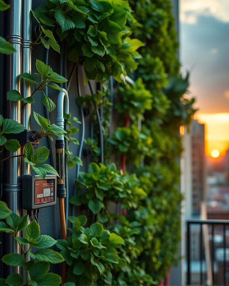 Close up of an automated hydroponic irrigation system installed on an urban balcony vertical garden wall with clear tubing and a smart controller.