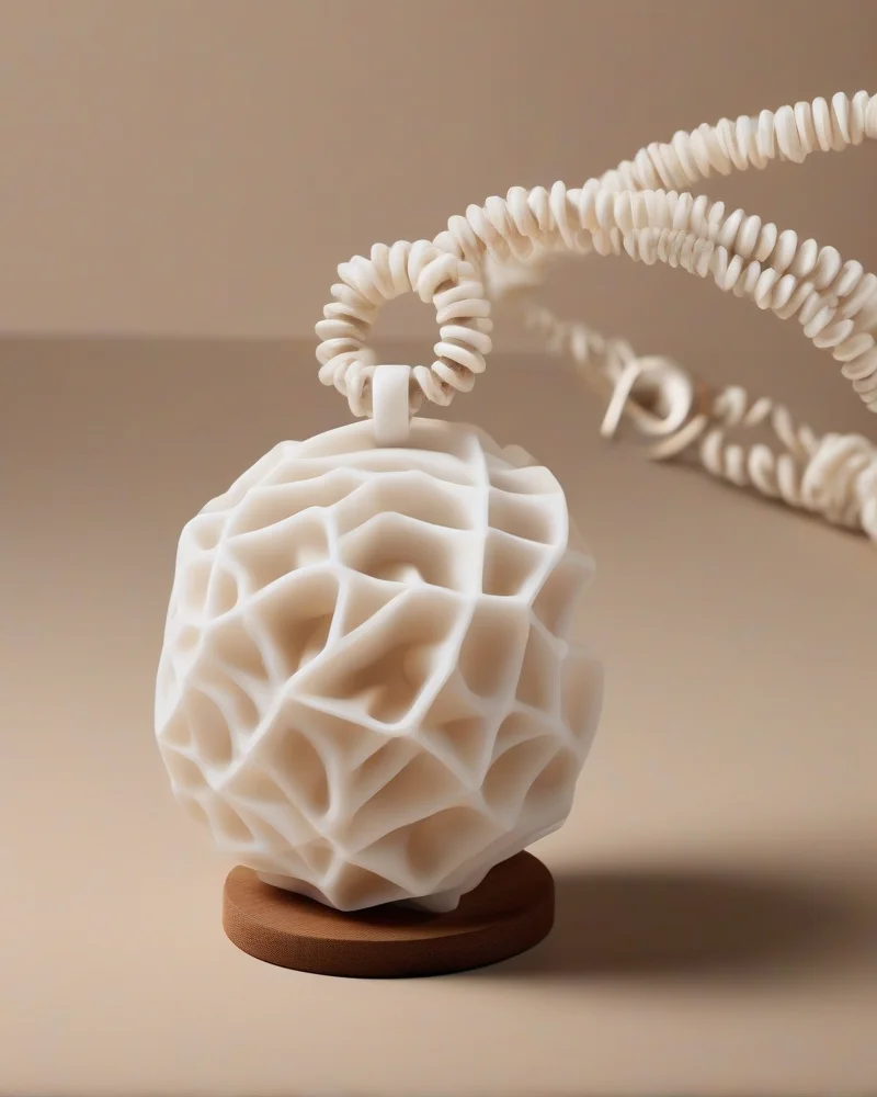 A sleek, 3D-printed sustainable necklace displayed on a wooden stand representing carbon-neutral fashion.