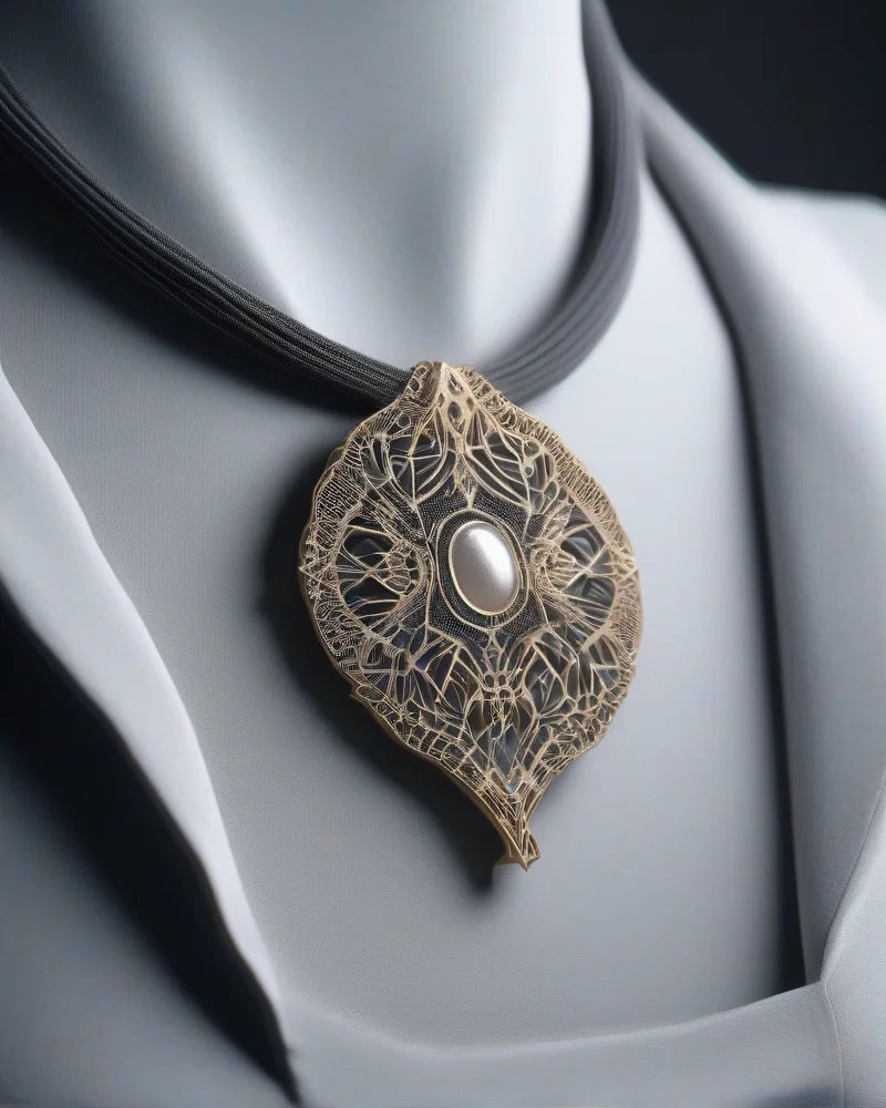 Close-up of a 3D printed polymer necklace with professional cleaning tools on a luxury display stand.