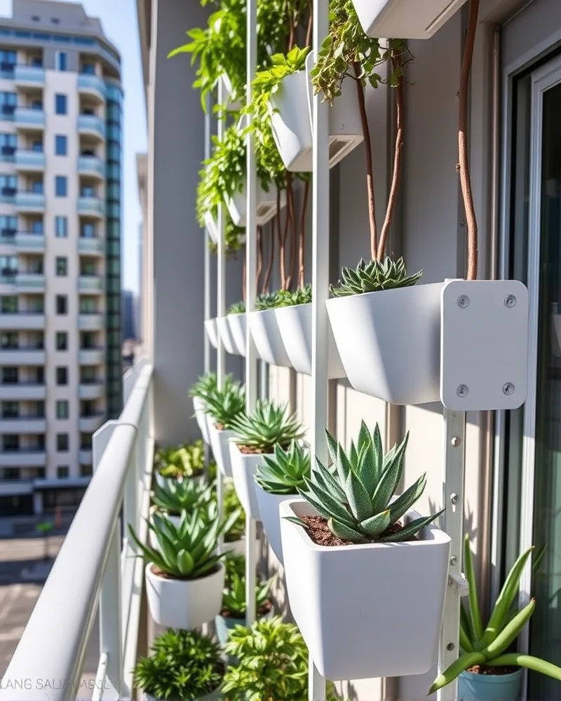 Close up of a renter friendly modular vertical garden on an urban balcony using tension mounts.