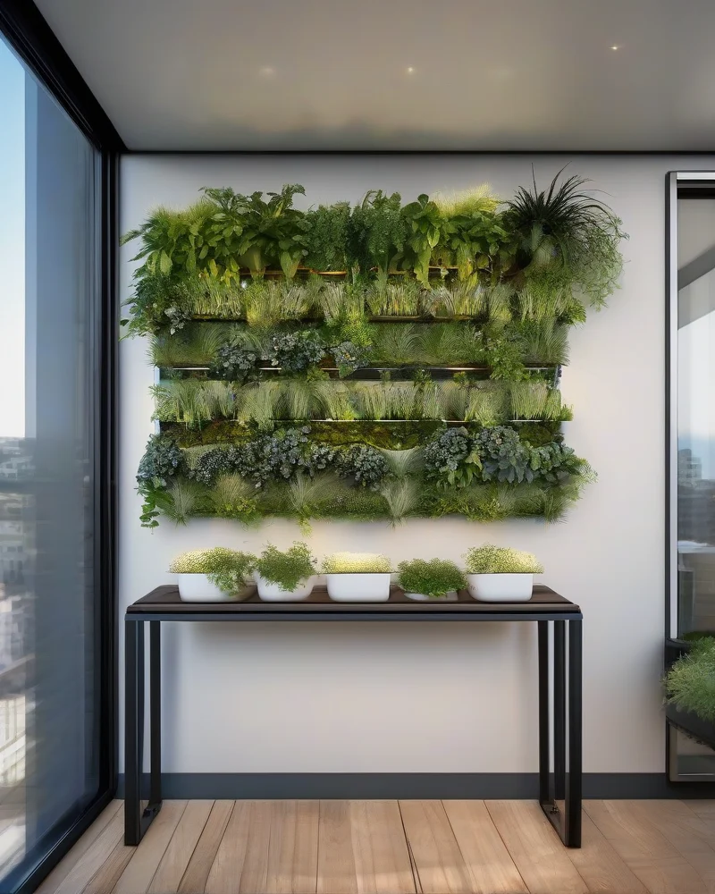 Biophilic Modular Garden Walls: The DIY Guide for Small Urban Balconies (2026 Edition) 4 Close up of an automated drip irrigation system installed on a modular vertical garden wall on an urban balcony.