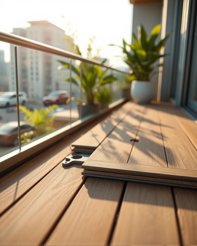 Biophilic Modular Balconies: Transforming Small Urban Spaces for 2027 3 High-quality composite modular decking tiles being installed on a balcony, showing the click-lock mechanism and wood-grain texture.