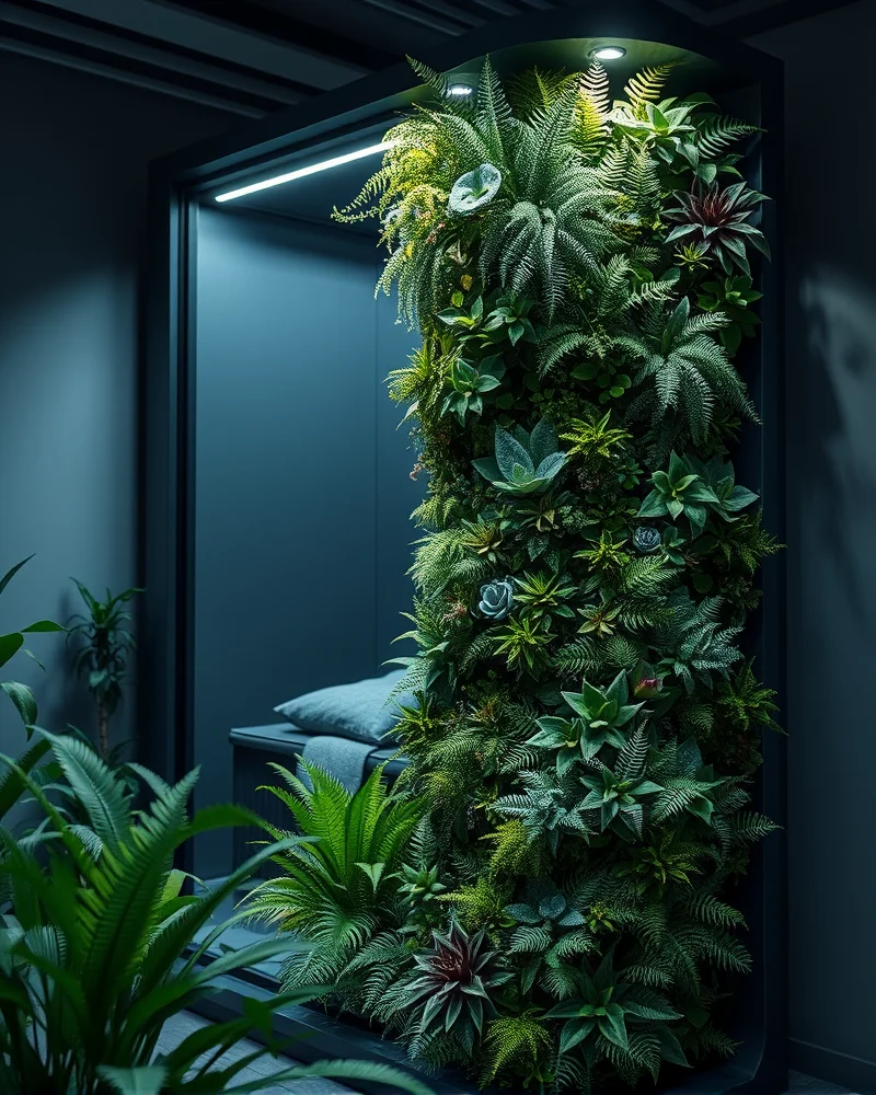 Biophilic Modular Garden Pods: Transforming Small Backyards into 2027 Wellness Retreats 4 A modern Nailosmetic garden pod showcasing a vibrant, lush vertical living wall filled with diverse greenery.