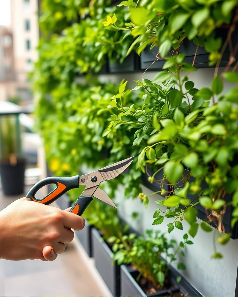 Close up of a hand pruning a vertical modular garden wall on an urban balcony to maintain shape and plant health.