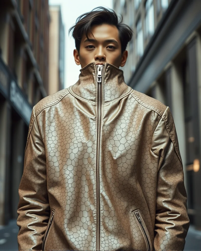 Sustainable Tech-Core: The Rise of Bio-Synthetic Fabrics in 2027 Streetwear 3 Close up of high quality mycelium leather material showing its unique, organic texture on a luxury streetwear jacket.