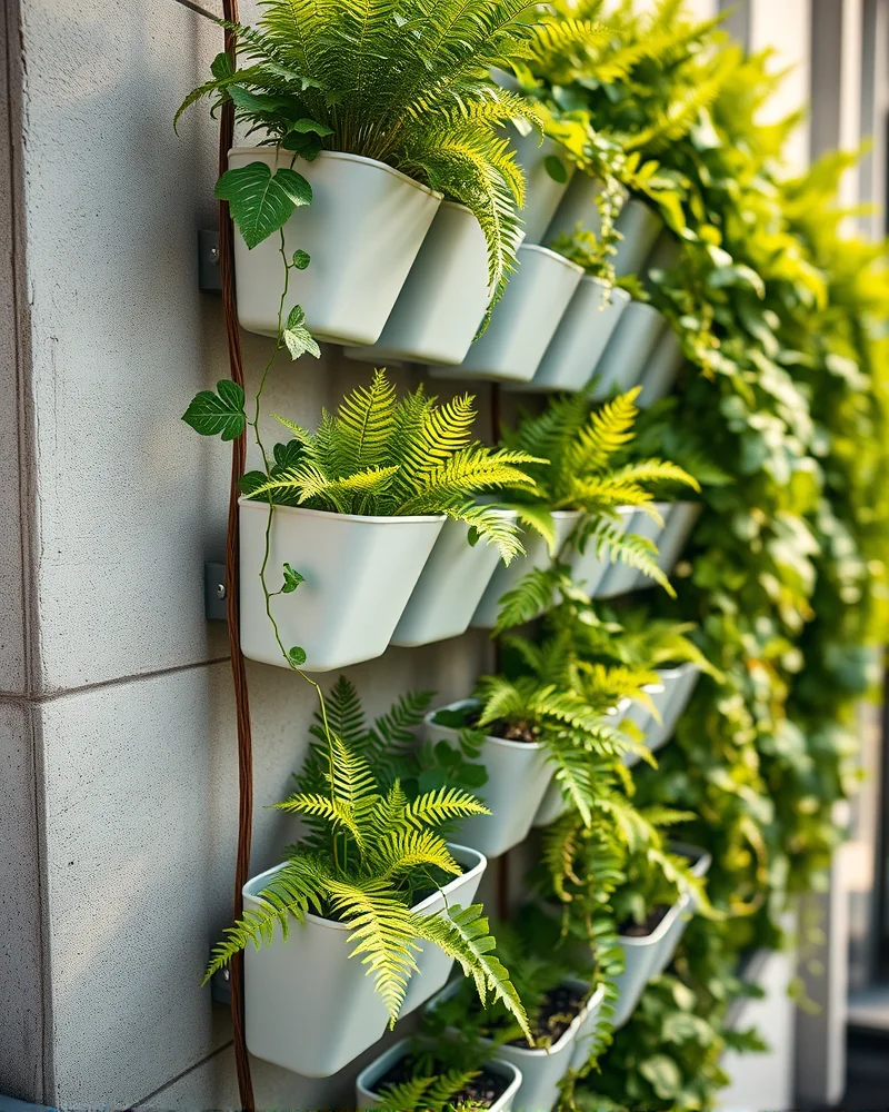 A close-up view of a modular wall planter system on an urban balcony filled with various green indoor plants.
