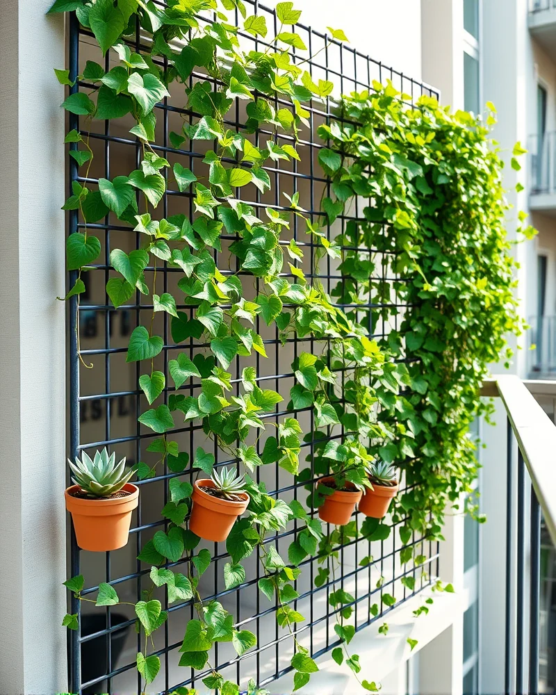 A modern urban balcony featuring a vertical modular trellis system covered in climbing vines and container plants.