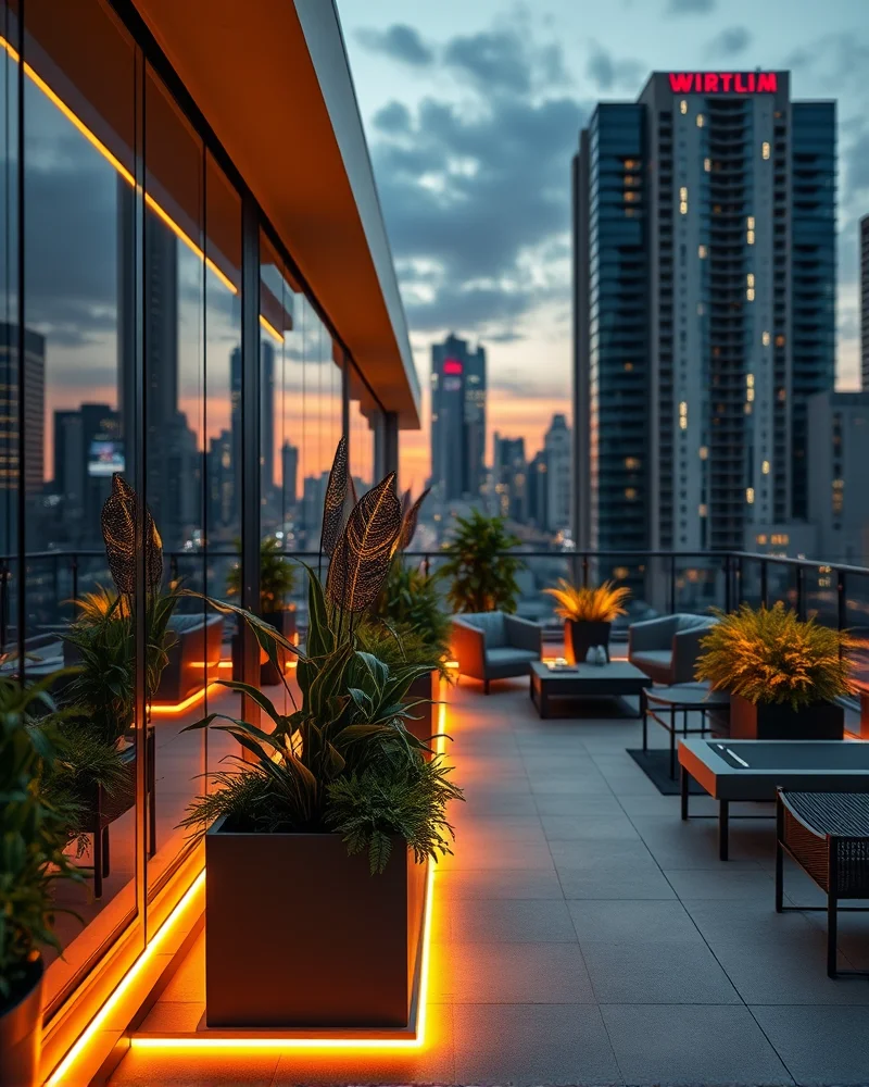 Biophilic Modular Balconies: Transforming Small Urban Spaces for 2027 5 A sophisticated urban balcony at twilight featuring modular glass wind barriers and solar LED lighting protecting a variety of lush plants.