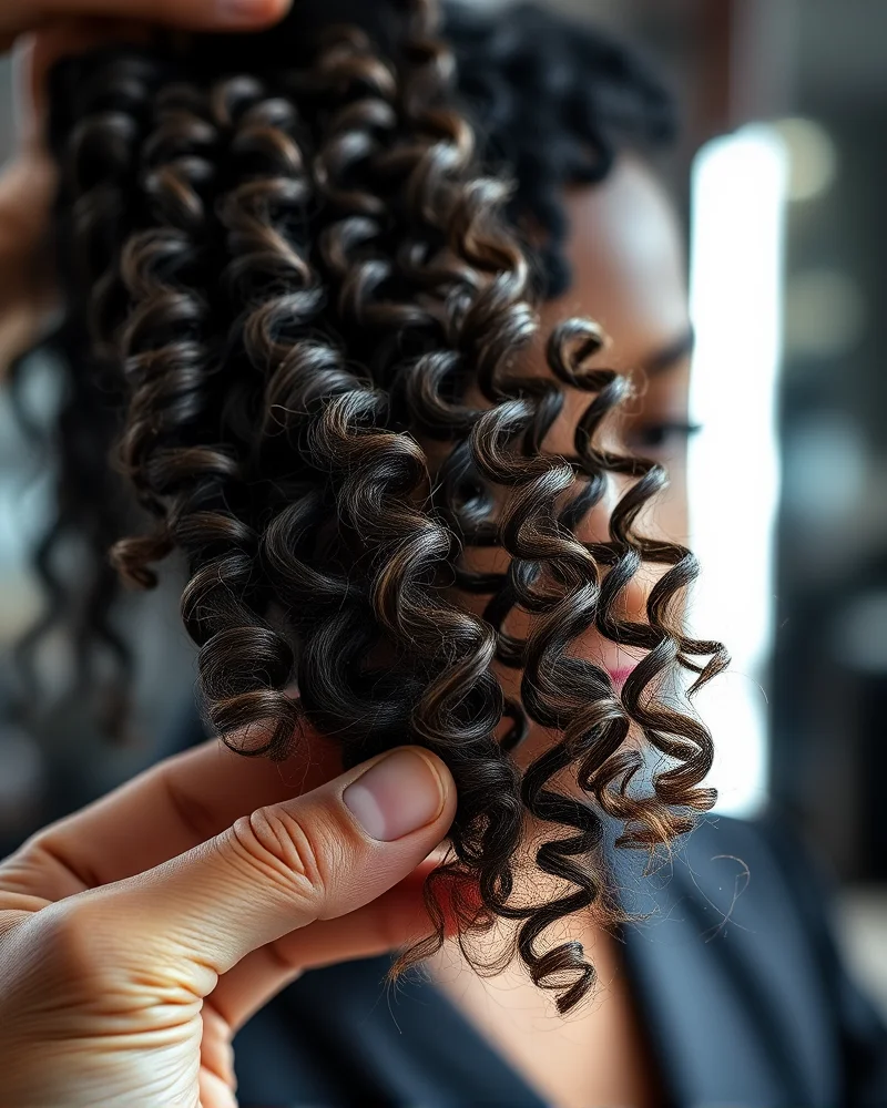 A close-up view of a stylist matching high-quality bio-synthetic extension fibers to a natural 4C hair texture, highlighting the seamless blend and identical cuticle patterns.