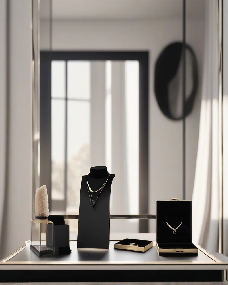 A curated collection of high quality 3D printed jewelry pieces displayed on a soft velvet tray within a modern, minimalist home closet.