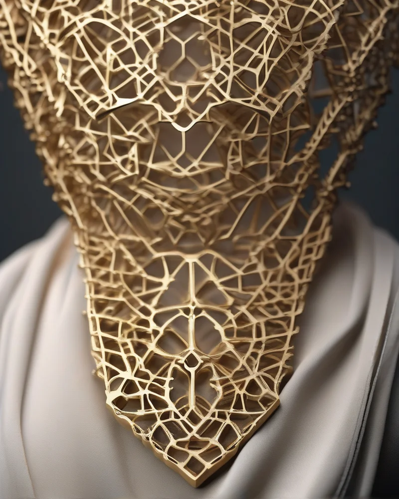An intricate 3D-printed gold necklace featuring a complex lattice structure, representing the evolution of sustainable tech-couture.