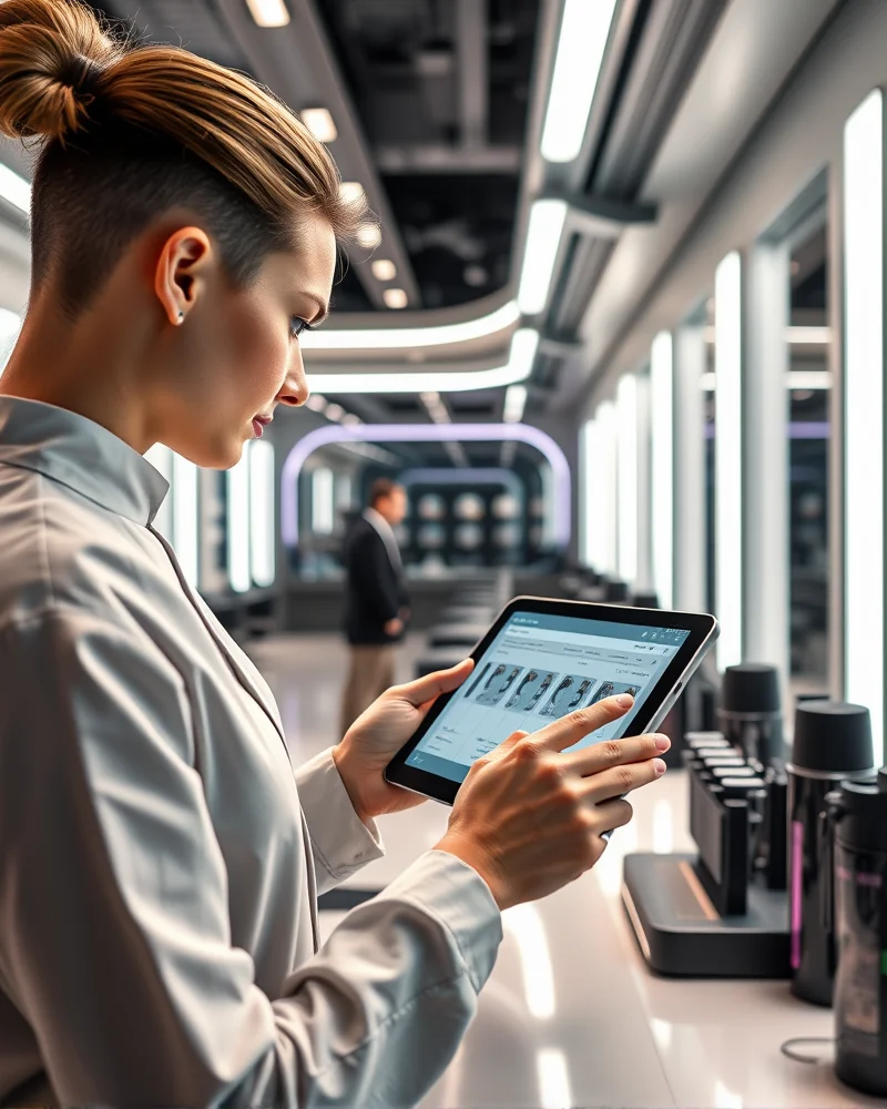 Bio-Adaptive Hair Color: The 2027 Guide to pH-Responsive Salon Tints 6 A professional colorist using a digital AI interface and pH sensors to mix custom bio-adaptive hair color in a modern luxury salon.