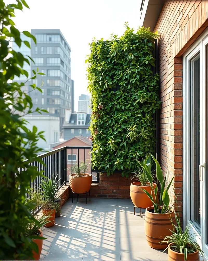 A modern urban balcony in 2026 showcasing a sustainable modular vertical garden system filled with lush plants.
