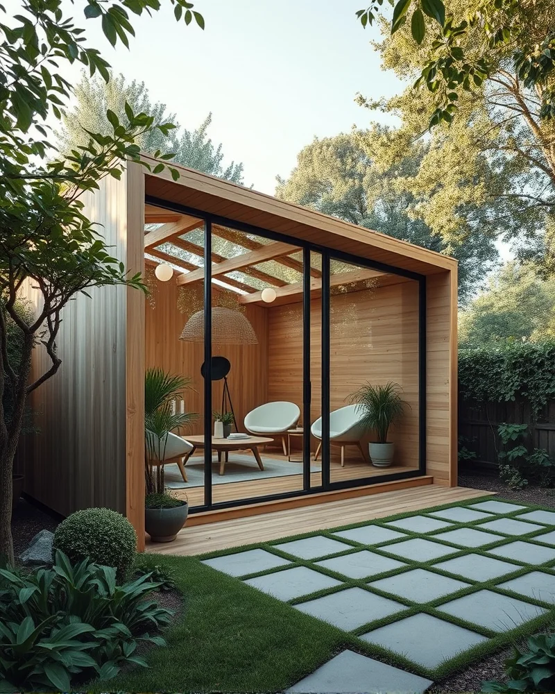 Biophilic Modular Garden Pods: Transforming Small Backyards into 2027 Wellness Retreats 2 A modern, high-end biophilic garden pod designed as a home wellness retreat, featuring organic materials and seamless integration with a natural backyard landscape.