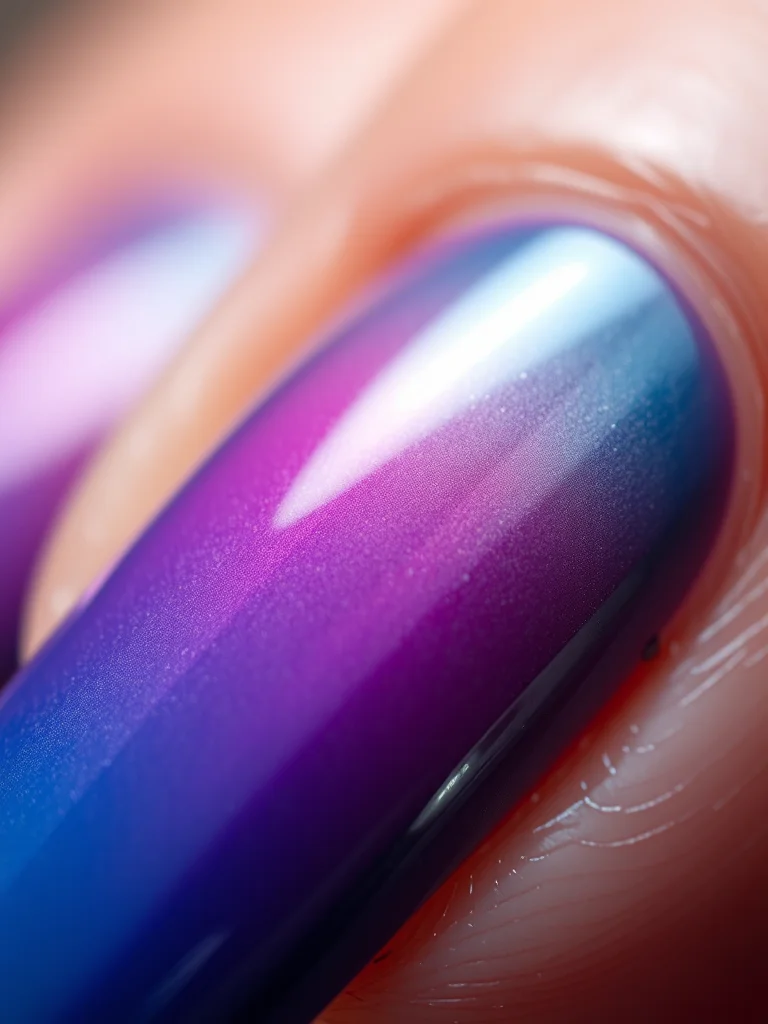 Close up view of bio-adaptive nail polish showing thermochromic pigment transition on fingernails.
