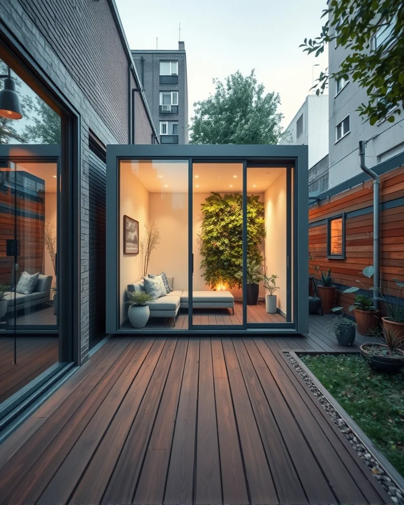 Biophilic Modular Garden Pods: Transforming Small Backyards into 2027 Wellness Retreats 5 A premium modular garden pod in a small backyard featuring seamless transition from deck to interior with floor-to-ceiling glass and biophilic design elements.