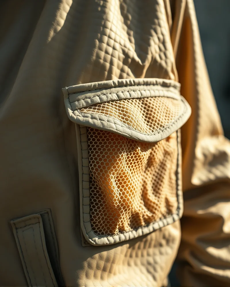 Sustainable Tech-Core: The Rise of Bio-Synthetic Fabrics in 2027 Streetwear 6 Close up of a sustainable streetwear jacket sleeve showing the organic, matte texture of mycelium leather and a modular pocket design.