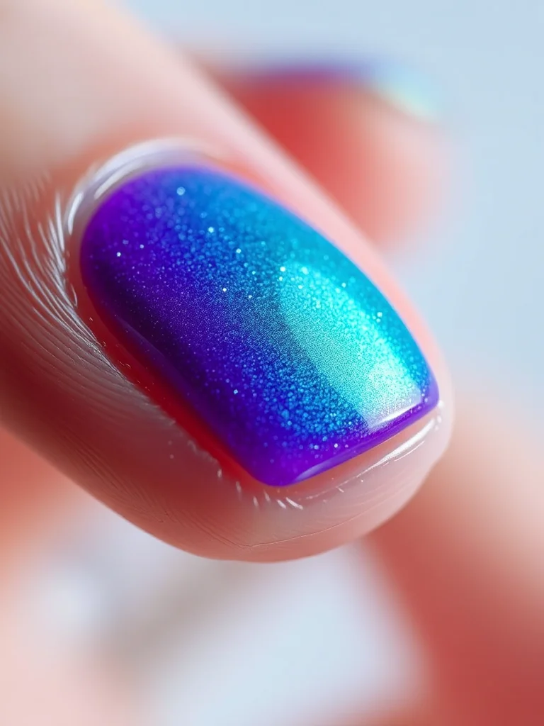 Close up of manicured nails showing a color transition from violet to teal with a high-gloss, light-refracting finish.