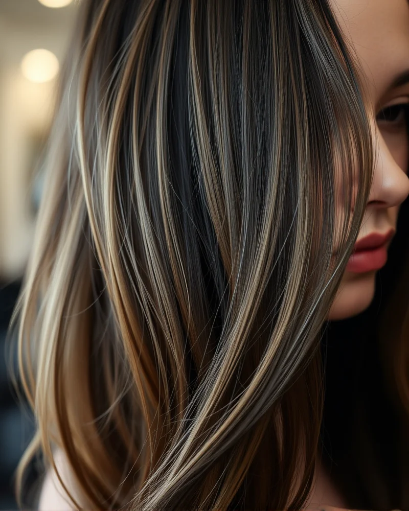 Close-up of seamless bio-synthetic hair extensions showing a perfect color and texture blend from roots to tips.