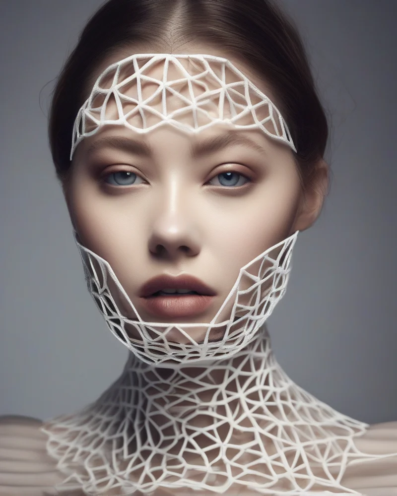 A close-up view of a complex 3D-printed jewelry piece featuring an intricate, lattice-style geometric design worn around a model's neck.
