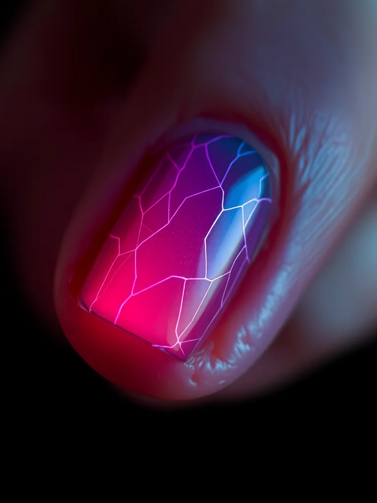 Close-up of a human hand featuring Nailosmetic bio-adaptive color-changing polish with visible thermal heat mapping gradients.