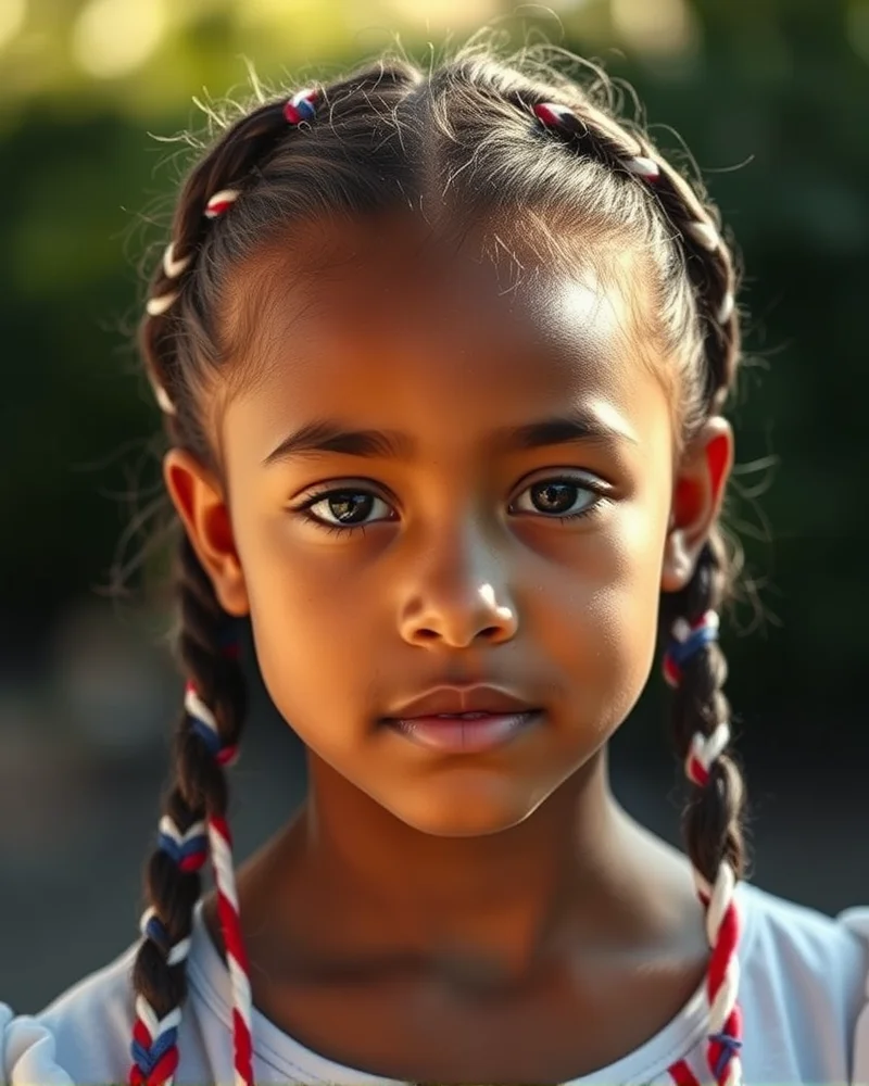7 Patriotic 4th of July Hairstyles for Kids That Will Steal the Show 2 A young girl with a professional triple-braided crown hairstyle, featuring patriotic colored yarn woven into the plaits, set against a soft, sunlit background.